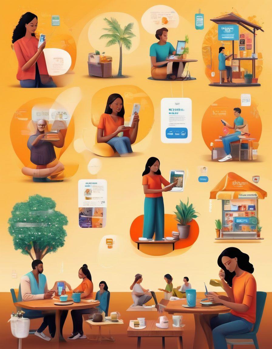 A dynamic collage showcasing diverse individuals happily using prepaid mobile phones across various settings, such as a park, a coffee shop, and at home. Include floating price tags showcasing a range of affordable plan prices, with vibrant icons symbolizing data and connectivity. The background should be bright and inviting, with soft, modern design elements that represent technology and affordability. colorful and contemporary vector art.
