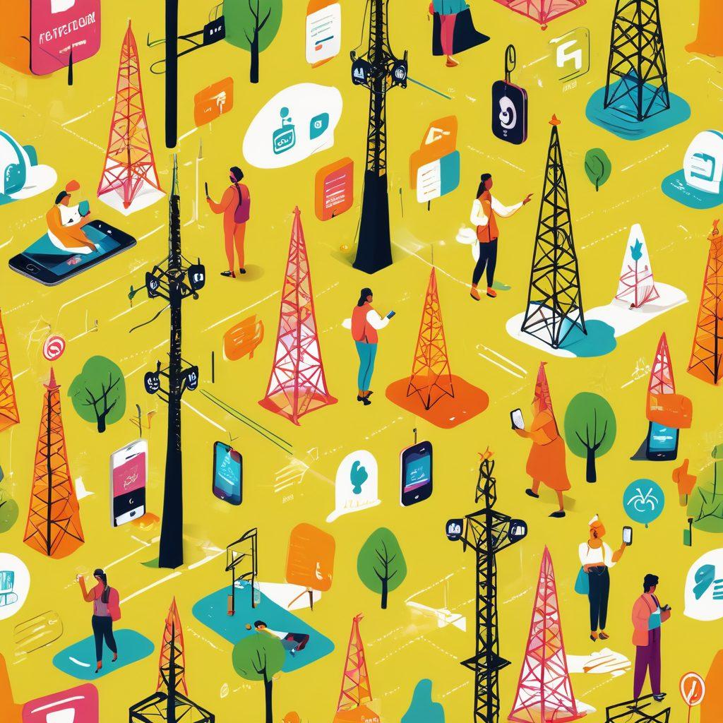 A vibrant collage showcasing various prepaid mobile plans with price tags, featuring happy diverse individuals using their smartphones in a sunny park. Include visual representations of signal towers and icons of connectivity. The scene should exude affordability and accessibility, highlighting cheerful interactions. bright colors. vector art. dynamic and inviting.