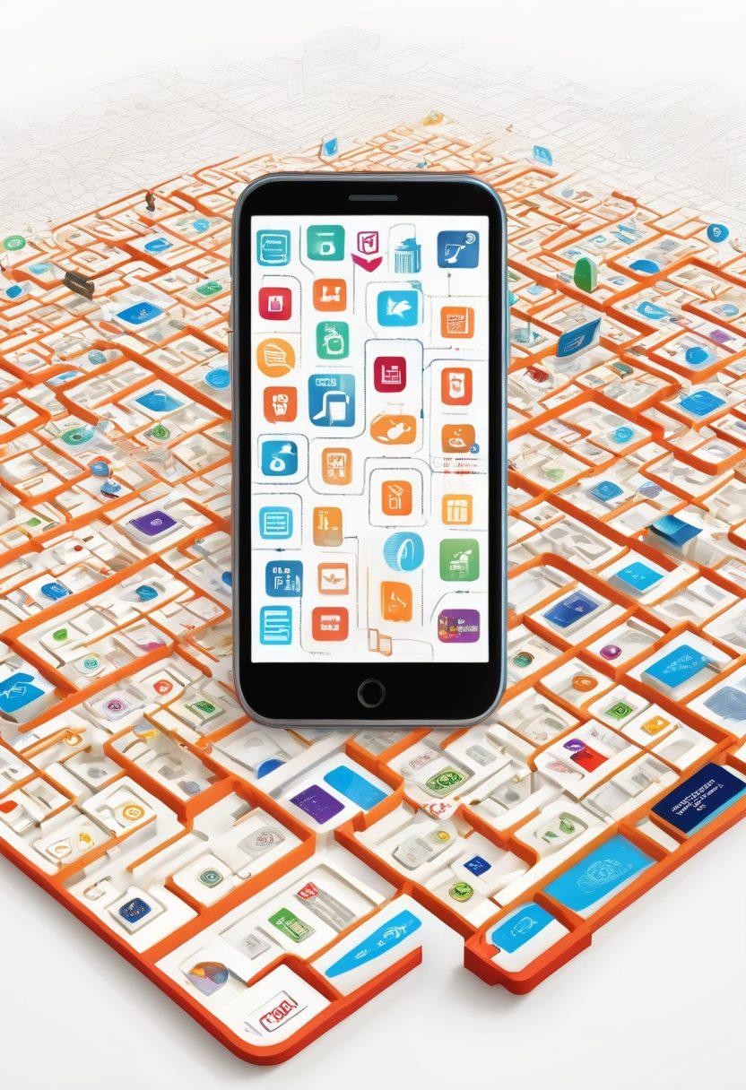 A vibrant collage showcasing different prepaid cellular plans, featuring colorful mobile phones displaying various telecom logos, surrounded by a maze of service options and price tags. Include elements like a magnifying glass to represent research and a map symbolizing navigation. The scene should be bright and eye-catching to convey ease of finding the right plan. vector art. vibrant colors. white background.